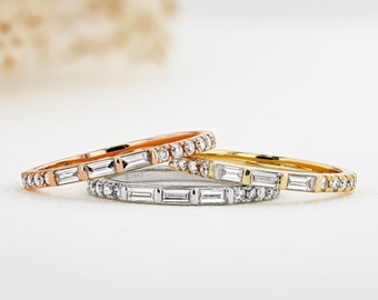 14k Gold Diamond Ring: Triple Baguette Stackable Wedding Band