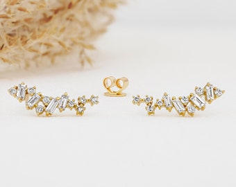 Single (Half Pair) Earring 14k or 18k Solid Gold Natural Diamond Baguette and Round Cluster Ear Climber