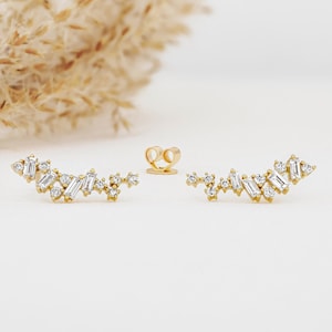 Single (Half Pair) Earring 14k Solid Gold Natural Diamond Baguette and Round Cluster Ear Climber