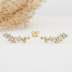 Single (Half Pair) Earring 14k or 18k Solid Gold Natural Diamond Baguette and Round Cluster Ear Climber