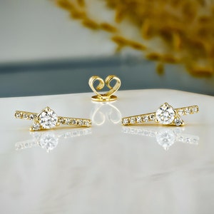Single (Half Pair) 14k Solid Gold Natural Diamond Bar with Tear Drop Illusion Center Stud Earring