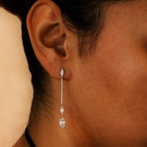 14k Gold Diamond Dangle Earrings: Baguette Drop, 2 Inch Linear