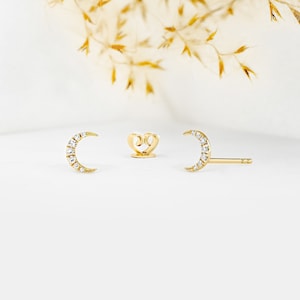 Single (Half Pair) Diamond Earrings, Pavé Moon Crescent Stud, 14k Solid Yellow Rose White Gold, Social Value