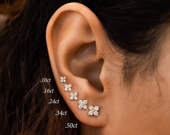 Diamond Earrings, Clover Flower Cluster Stud, Single (Half Pair) Earring, 14k Yellow White Rose Solid Gold, Social Value Jewelry