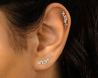14k Gold Diamond Ear Climber: Baguette & Round Cluster Earring (Single)