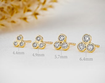 Single (Half Pair) Earring, 3 Stone Trio Bezel Set Stud, 14k Yellow, White, Rose Solid Gold, Social Value Fine Jewelry