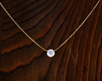 14k or 18k Solid Gold Necklace Natural Diamond Floating Solitaire  with Drawstring Adjustable Chain