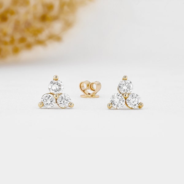 Single (Half Pair) Earrings, 3 Stone Diamond Trio Triangle Cluster Stud, 14k White, Yellow, Rose Solid Gold, Social Value Fine Jewelry