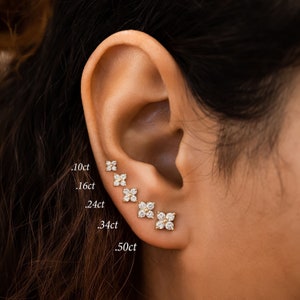 Single (Half Pair) Diamond Earrings, Clover Flower Cluster Stud Earring, 14k Yellow White Rose Solid Gold, Social Value Jewelry
