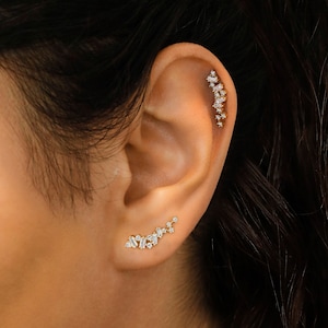 Single (Half Pair) Earring 14k or 18k Solid Gold Natural Diamond Baguette and Round Cluster Ear Climber