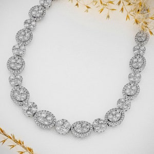 Diamond Statement Necklace, Oval Pave Cluster, 18k White Solid Gold, Social Value Jewelry