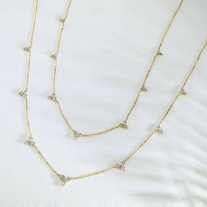 14k Gold Diamond Triangle Cluster Station Necklace: Adjustable Chain