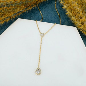 18k Solid Gold Natural Diamond Lariat Teardrop Cluster Necklace with Adjustable Drawstring Chain