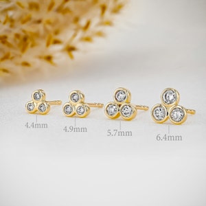Single (Half Pair) Earring, 3 Stone Trio Bezel Set Stud, 14k Yellow, White, Rose Solid Gold, Social Value Fine Jewelry