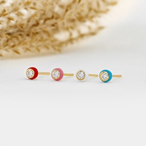 Single (Half Pair) Earring 18k Solid Gold Natural Diamond Bezel Set with Pink Red Turquoise or White Enamel Border Stud Earring