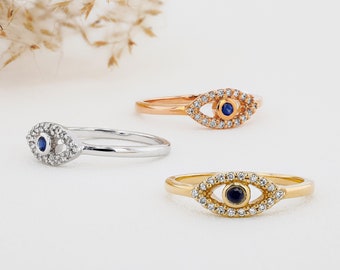 14k Solid Gold Natural Diamond and Sapphire Evil Eye Ring