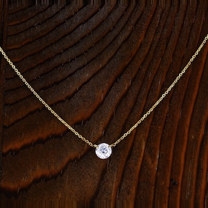 14k or 18k Solid Gold Necklace Natural Diamond Floating Solitaire  with Drawstring Adjustable Chain