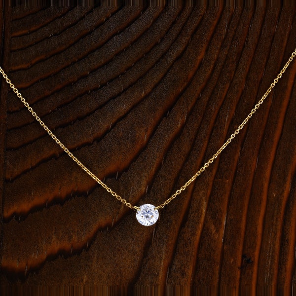14k or 18k Solid Gold Necklace Natural Diamond Floating Solitaire  with Drawstring Adjustable Chain