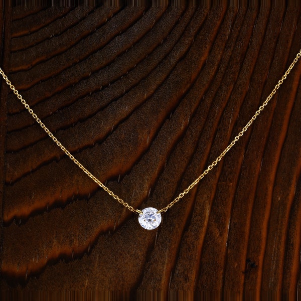 Halskette aus 14- oder 18-karätigem Massivgold mit freischwebendem Naturdiamanten und verstellbarer Kette mit Zugband