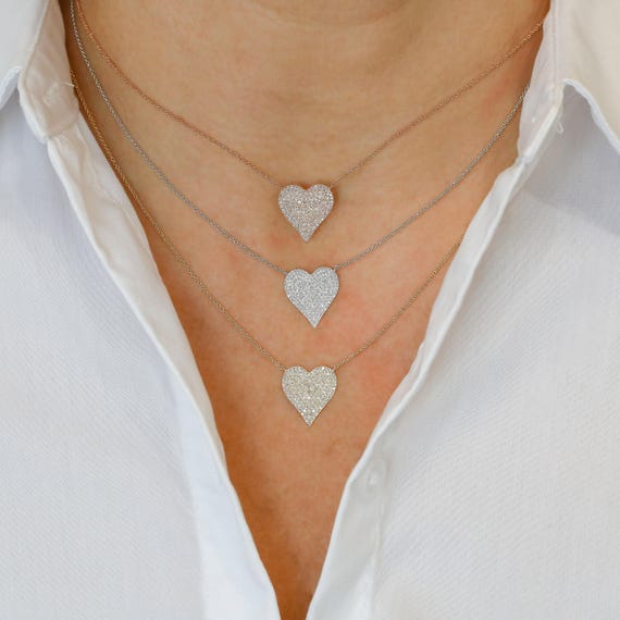 Diamond Pavé Heart Necklace: 14k Solid Gold, Adjustable Chain