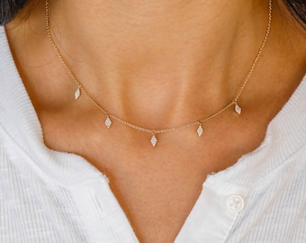 SISTA! 14k massivt guld äkta naturlig diamant marquise dropphalsband för kvinnor justerbar kedja