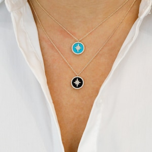 14k Gold Diamond Starburst Pendant Necklace: Turquoise or Onyx