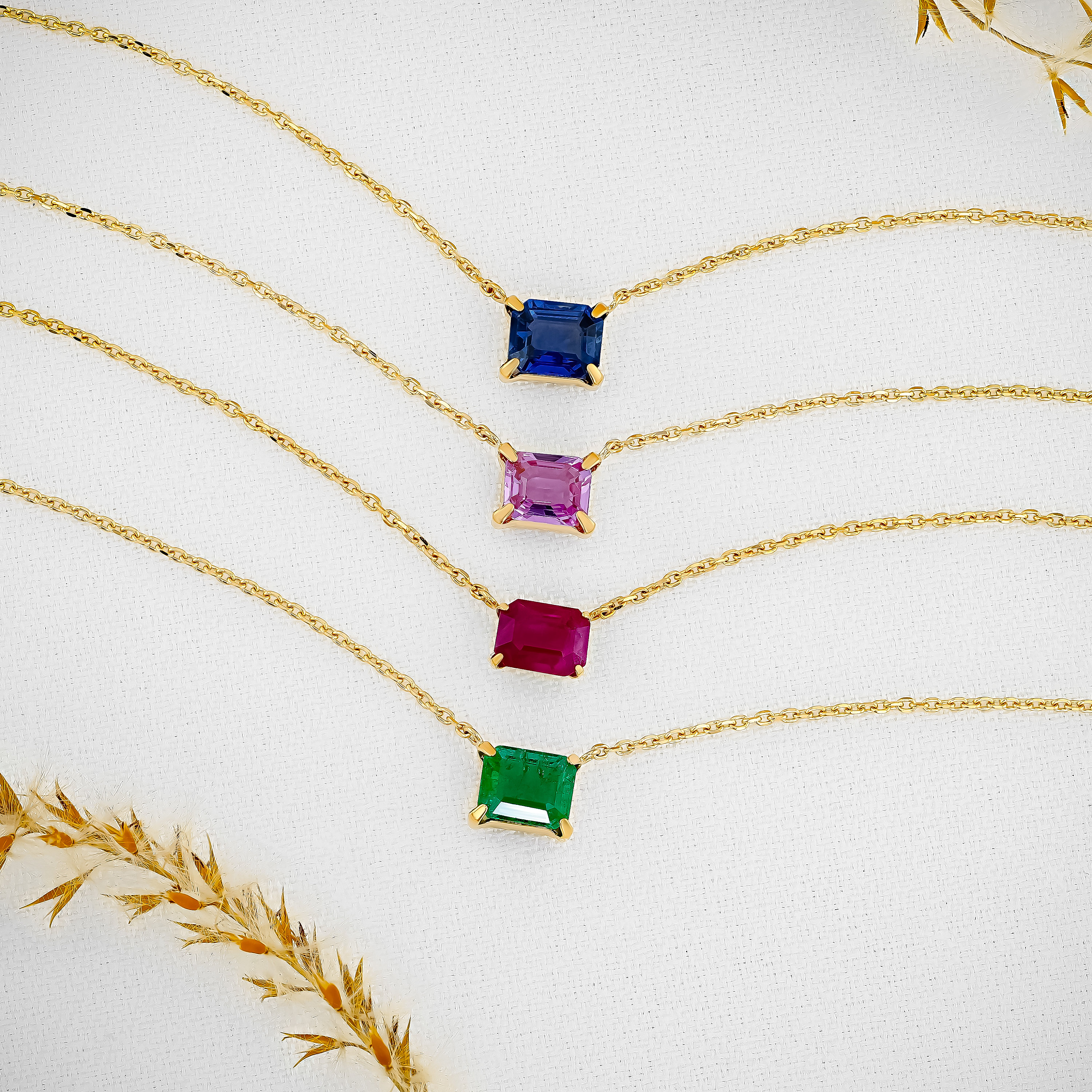 14k Gold Emerald Cut Solitaire Necklace: Ruby, Sapphire, Pink Sapphire