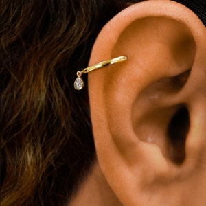 Single (Half Pair) Diamond ear cuff, Dangle Tear Drop Illusion, Non-Pierce Earring, 14k Solid yellow, white and rose Gold, Social Value