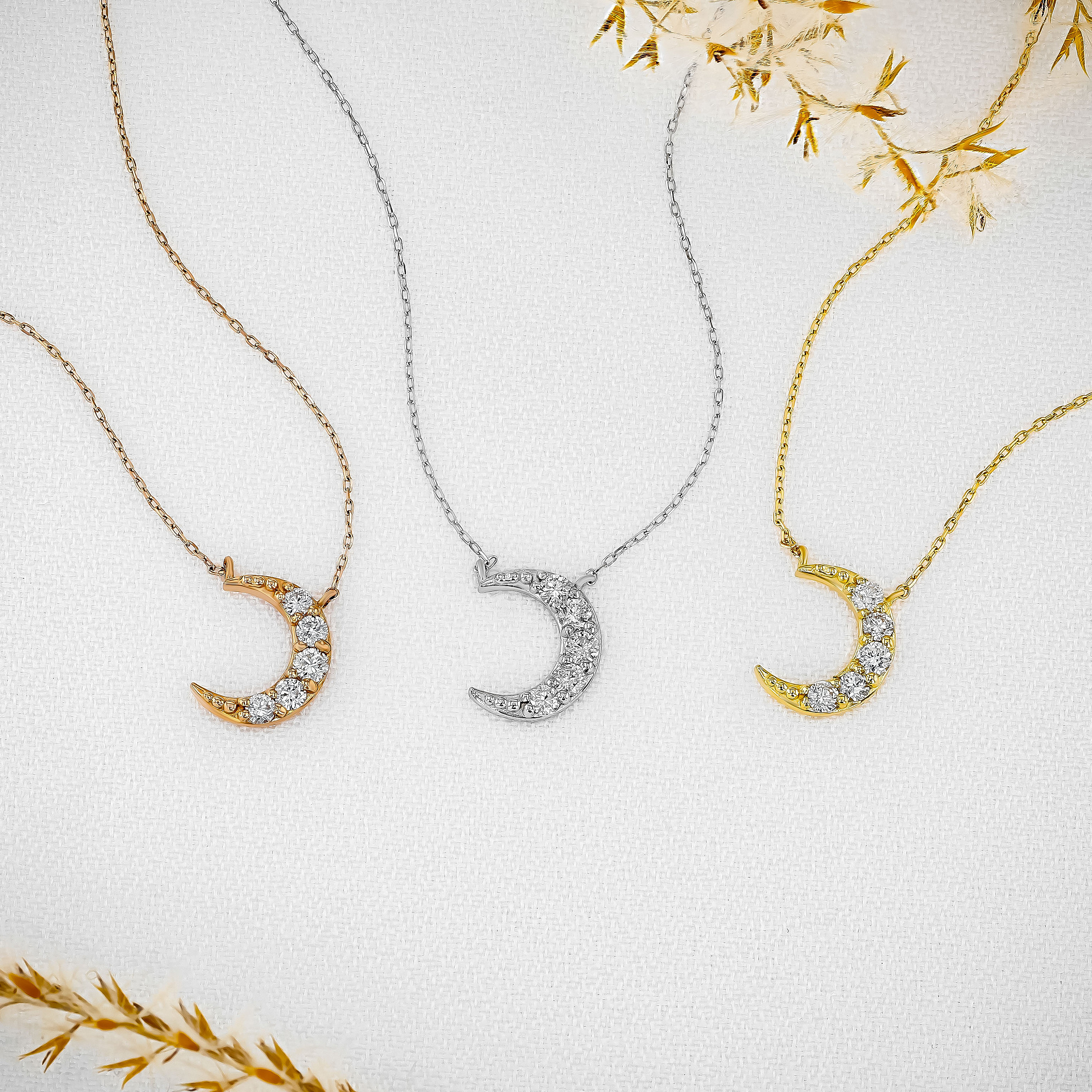 Diamond Crescent Moon Necklace: 18k Gold Adjustable Chain