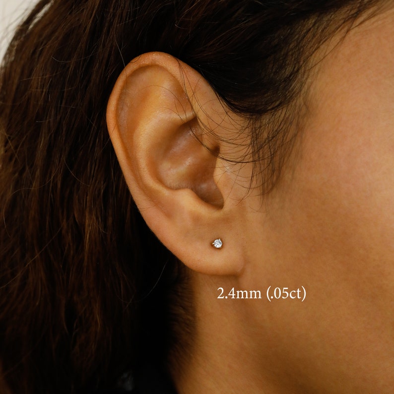 Single Half Pair Earring 14k Solid Gold Natural Diamond Low Profile Small Three Prong Minimalist Stud Earrings image 9