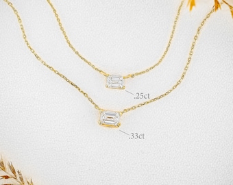 14k Gold Emerald Cut Diamond Solitaire Necklace: Adjustable Chain