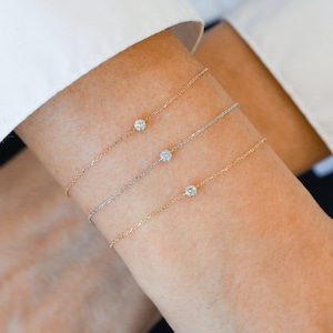 14k Solid Gold Diamond Solitaire Bracelet: Adjustable Layering Chain