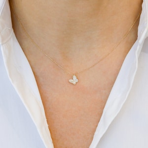 18k Solid Gold Natural Diamond Small Dainty Pavé Butterfly Layering Necklace w/ Adjustable Chain