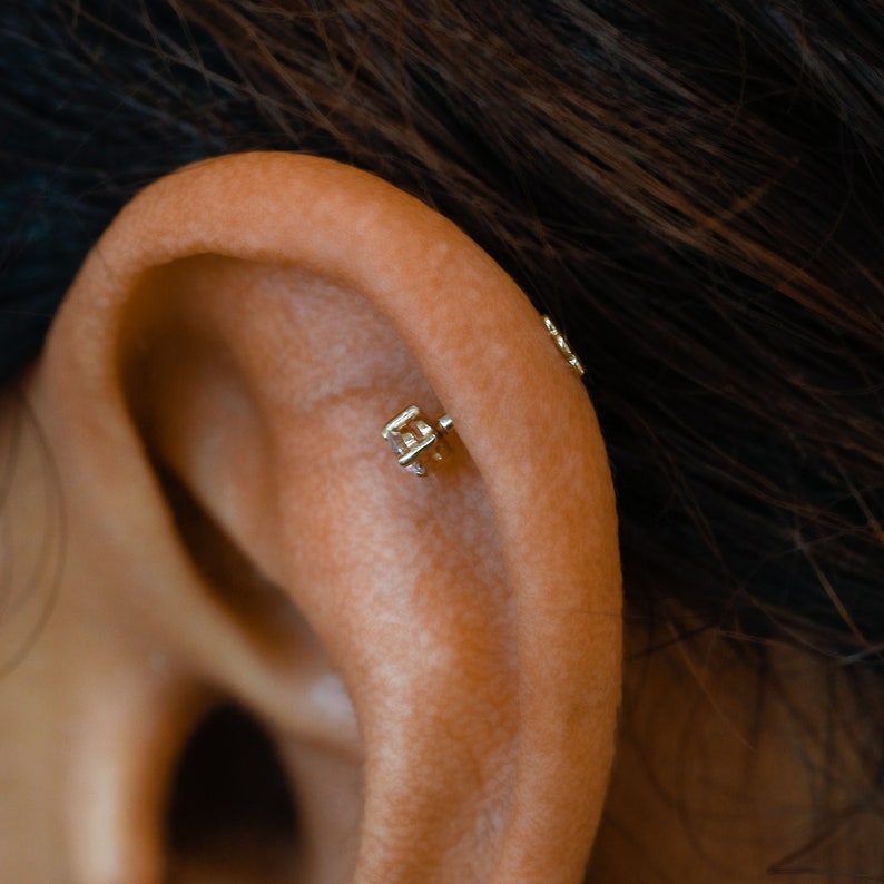 Single Half Pair Earring 14k Solid Gold Natural Diamond Low Profile Small Three Prong Minimalist Stud Earrings image 4