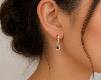 Brincos pendentes em ouro maciço 14k com safira natural e diamantes - Brincos com corrente tipo curb