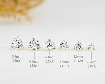 Single (Half Pair) 14k Solid Gold Natural Diamond 3 Prong Martini Setting Stud Earrings