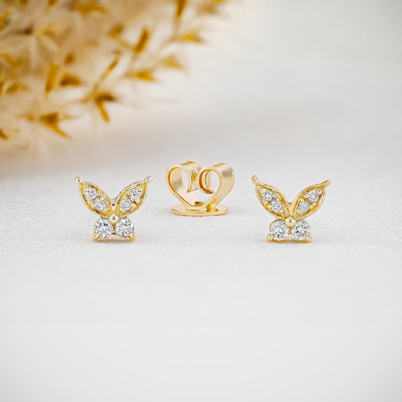 Diamond Butterfly Earring: 14k Gold Stud, Single or Pair