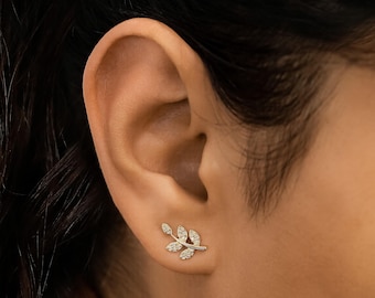 Diamond Leaf Branch Earring Stud: 14k Gold Fine Jewelry (Single)