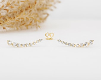 Single 14k Solid Gold Natural or Lab Grown Diamond Curved Bar Ear Climber Crawler