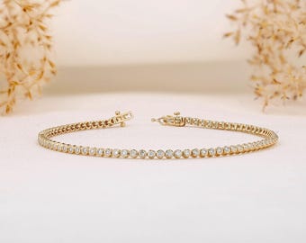 Pulseira de tênis com diamantes naturais, pulseira minimalista e flexível com diamantes redondos, ouro maciço 14k.