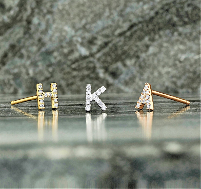 or Rose Gold Yellow Earring in White One Single Personalized Custom Jewelry 14k Solid Gold /& Diamond Initial J Monogram Earring Stud