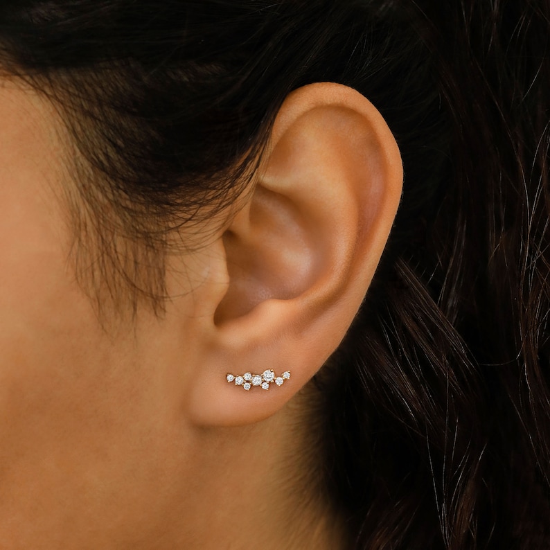 Single Half Pair 14K or 18k Gold Genuine Diamond Cluster Spray Ear Climber Crawler Earring Stud 1/2 Length imagem 1