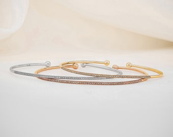 Diamond Bracelet, Bangle Cuff, Flexible Thin Dainty, 14k Yellow, White, Rose Solid Gold, Social Value Fine Jewelry