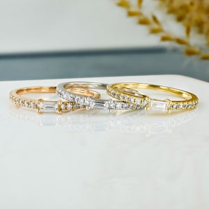 CLEARANCE SALE! 14k Solid Gold Natural Diamond Baguette and Round Thin Stackable Ring Wedding Band