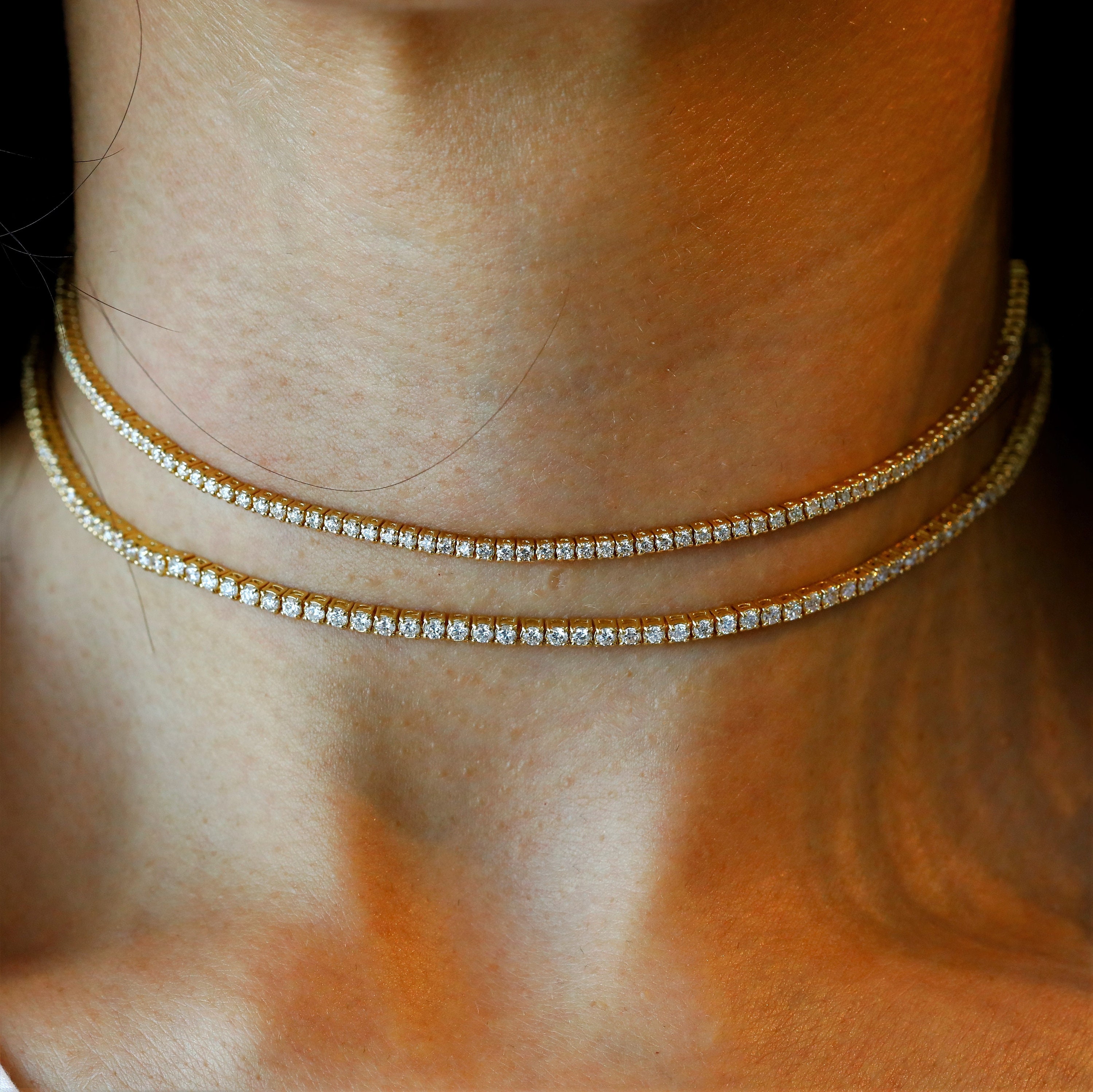 18k Solid Gold Genuine Diamond Tennis Choker Necklace W/ | Etsy