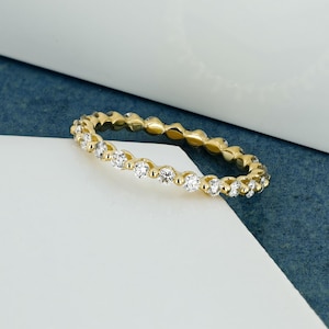 14k Solid Gold Natural Diamond Full Eternity Bubble Shared Prong Wedding Band Stack Ring