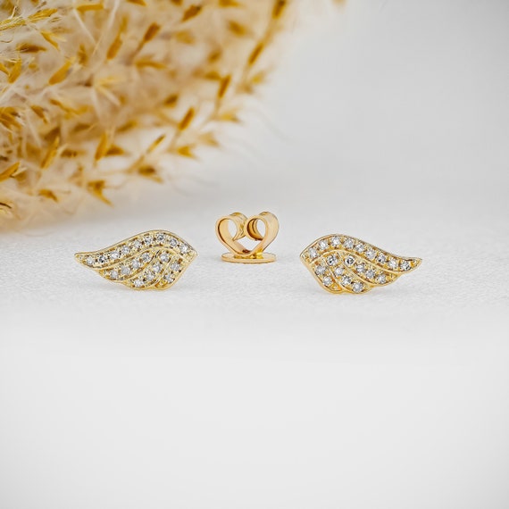 Pave Diamond Angel Wing Stud Earrings in 14K Yellow Gold