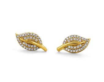 Single (Half Pair) Earrings 14k Gold Genuine Diamond Pave Leaf Petal