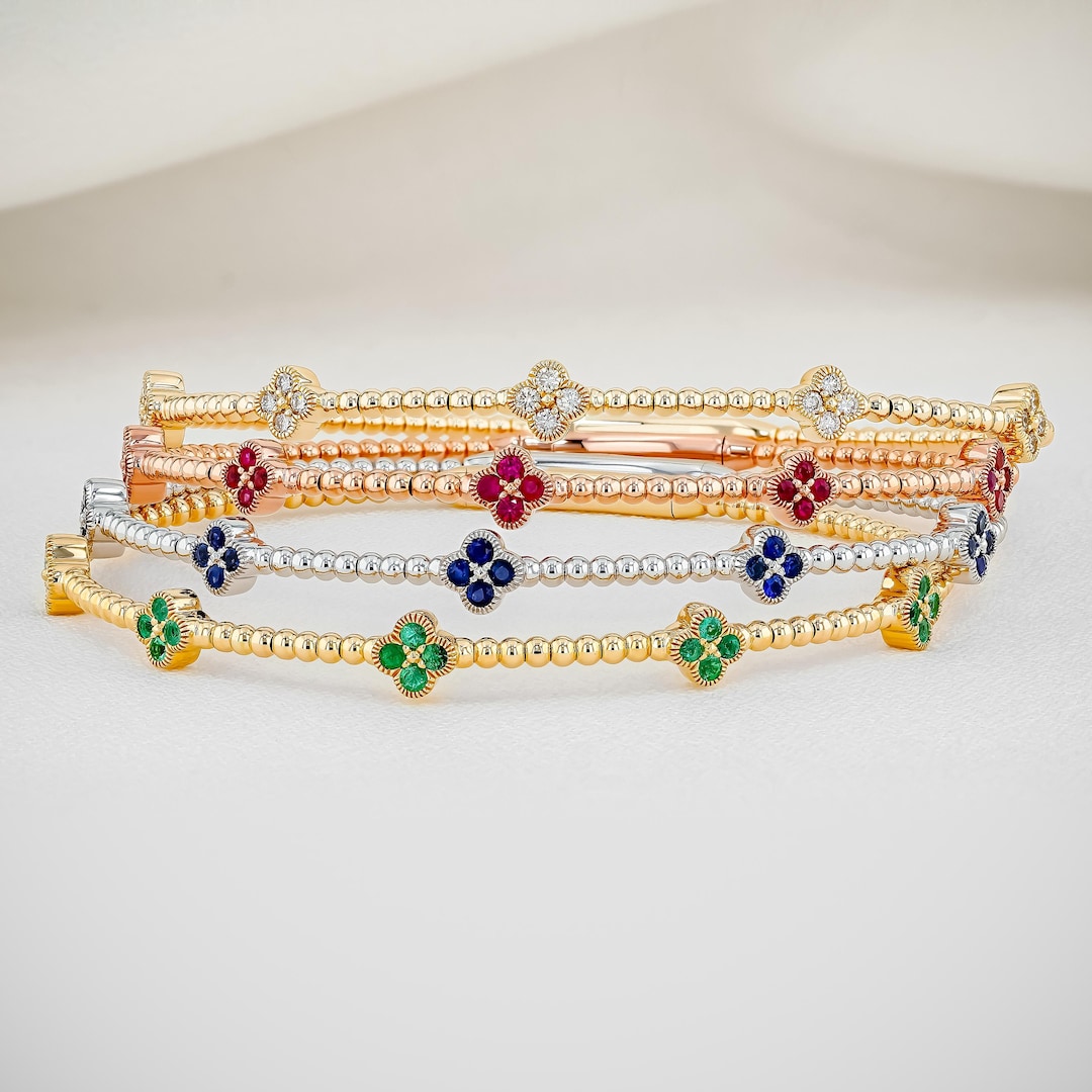 14k Gold Diamond Clover Bangle Bracelet: Emerald, Ruby, Sapphire - Etsy