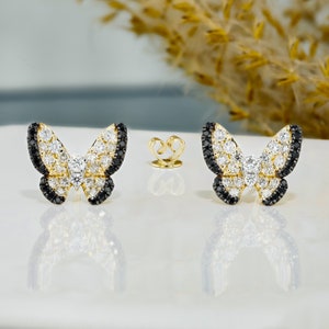 Natural Diamond Butterfly earrings, 14k solid yellow, white, and rose Gold,with black edges, Social Value fine jewelry